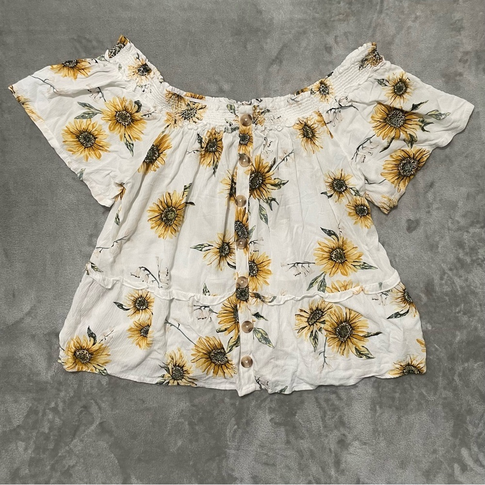 Maurices White YELLLW Sunflower Off-Shoulder Button Front Blouse XXL